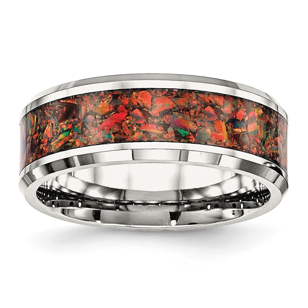Stainless Steel Polished with Red Imitation Opal Inlay 8mm Band