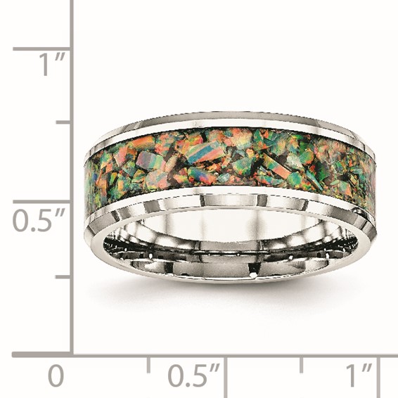 Chisel Stainless Steel Polished with Imitation Opal Inlay 8mm Band