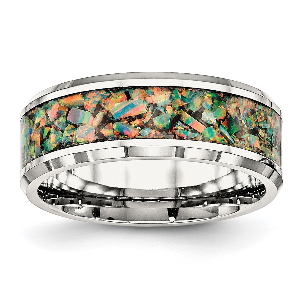 Stainless Steel Polished with Imitation Opal Inlay 8mm Band