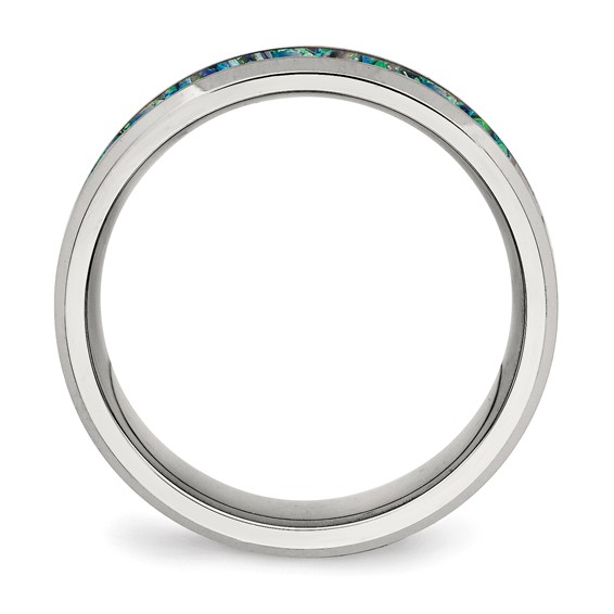 Chisel Stainless Steel Polished with Blue Imitation Opal Inlay 8mm Band