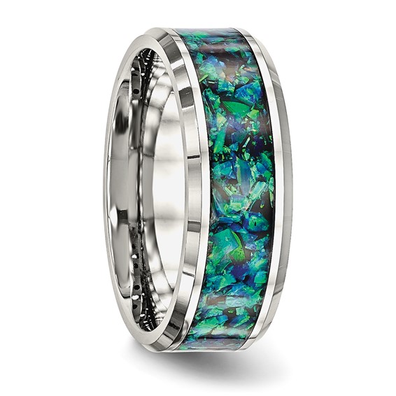 Chisel Stainless Steel Polished with Blue Imitation Opal Inlay 8mm Band