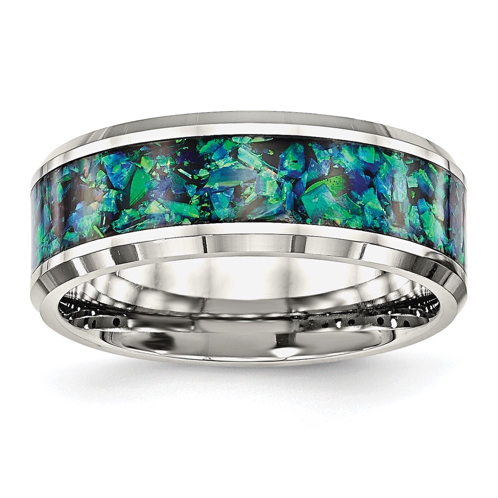 Stainless Steel Polished with Blue Imitation Opal Inlay 8mm Band