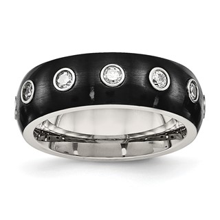 Chisel Stainless Steel Brushed and Polished Black IP-plated CZ Half Round 7mm Band