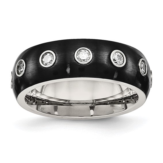 Chisel Stainless Steel Brushed and Polished Black IP-plated CZ Half Round 7mm Band
