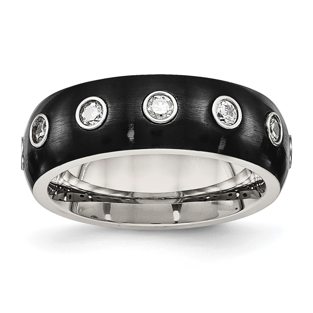 Stainless Steel Brushed/Polished Black IP-plated CZ Half Round 7mm Band