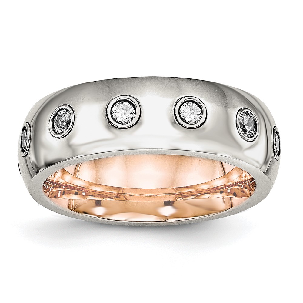 Stainless Steel Polished Rose IP-plated Inside w/CZ Half Round 7mm Band