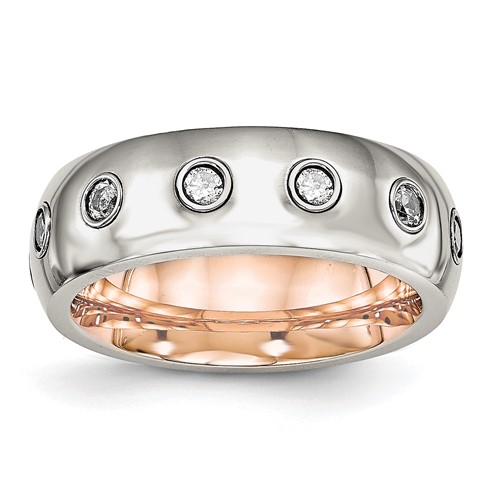 Chisel Stainless Steel Polished Rose IP-plated Inside Band with CZ Half Round 7mm