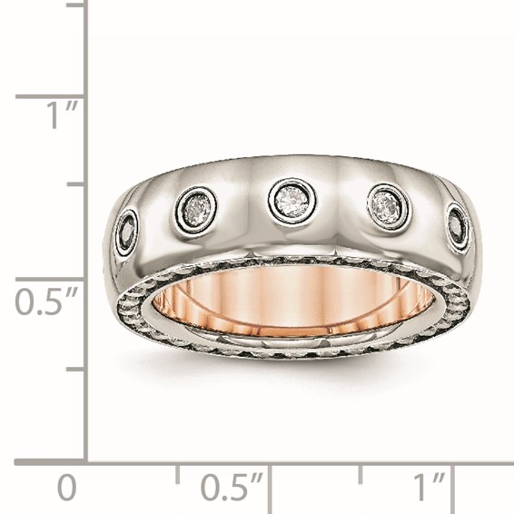 Chisel Stainless Steel Polished Rose IP-plated Inside with CZ Half Round 7mm Band