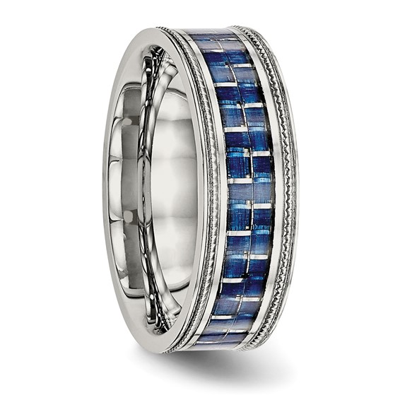 Chisel Stainless Steel Polished with Blue Carbon Fiber Inlay Textured Edge 8mm Band