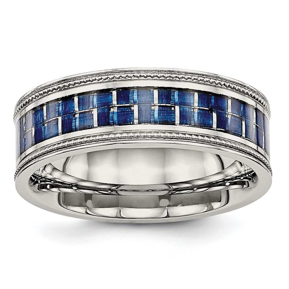 Stainless Steel Polished Blue Carbon Fiber Inlay Textured Edge 8mm Band
