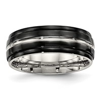 Stainless Steel Polished Black IP-plated 8mm Ridged Edged Band view 1