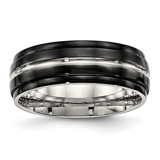 Stainless Steel Polished Black IP-plated 8mm Ridged Edged Band