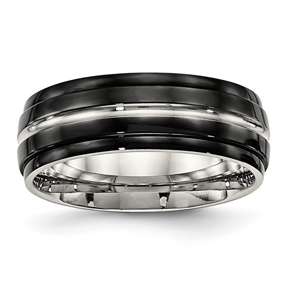 Stainless Steel Polished Black IP-plated 8mm Ridged Edged Band