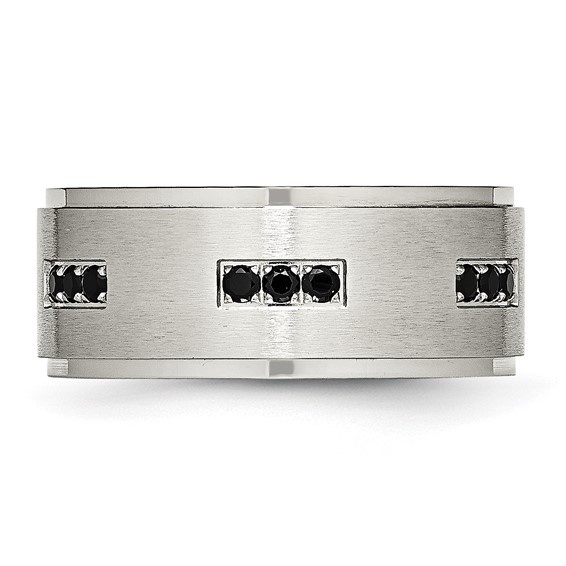 Stainless Steel Polished w/Brushed Center Black CZ 9mm Ridged Edge Band