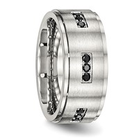 Stainless Steel Polished Band with Brushed Center Black CZ 9mm Ridged Edge view 4