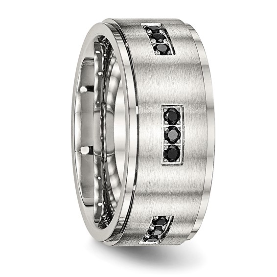 Stainless Steel Polished w/Brushed Center Black CZ 9mm Ridged Edge Band