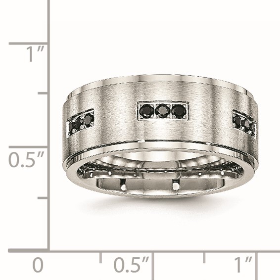 Stainless Steel Polished w/Brushed Center Black CZ 9mm Ridged Edge Band