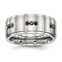 Stainless Steel Polished Band with Brushed Center Black CZ 9mm Ridged Edge view 1