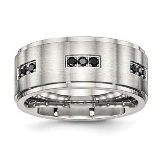 Stainless Steel Polished w/Brushed Center Black CZ 9mm Ridged Edge Band