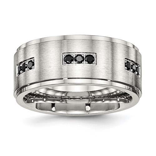Stainless Steel Polished w/Brushed Center Black CZ 9mm Ridged Edge Band