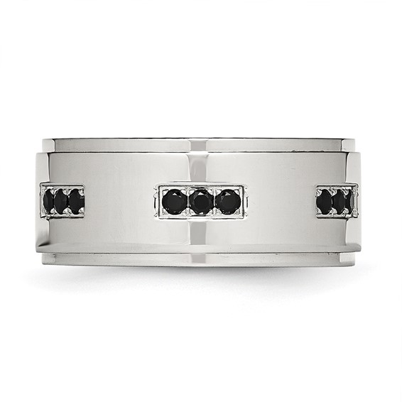 Stainless Steel Polished w/Black CZ 9mm Ridged Edge Band