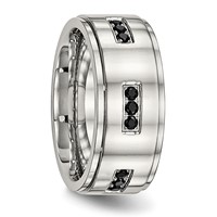Stainless Steel Polished Band with Black CZ 9mm Ridged Edge view 4
