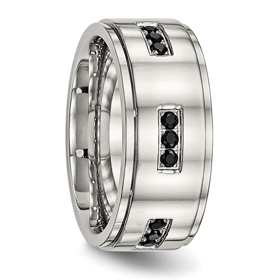 Stainless Steel Polished w/Black CZ 9mm Ridged Edge Band