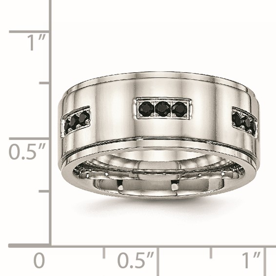 Stainless Steel Polished w/Black CZ 9mm Ridged Edge Band