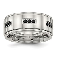 Stainless Steel Polished Band with Black CZ 9mm Ridged Edge view 1