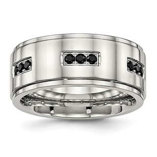 Stainless Steel Polished w/Black CZ 9mm Ridged Edge Band