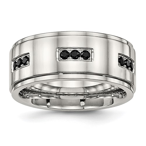 Stainless Steel Polished w/Black CZ 9mm Ridged Edge Band