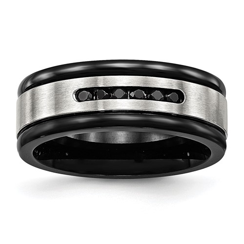 Chisel Stainless Steel Brushed and Polished Black IP-plated and Black CZ 8mm Grooved Band