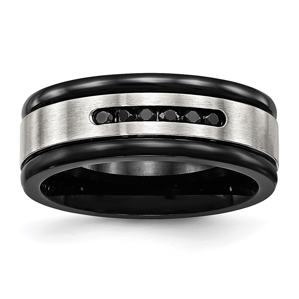 Stainless Steel Brushed/Polished Black IP & Black CZ 8mm Grooved Band