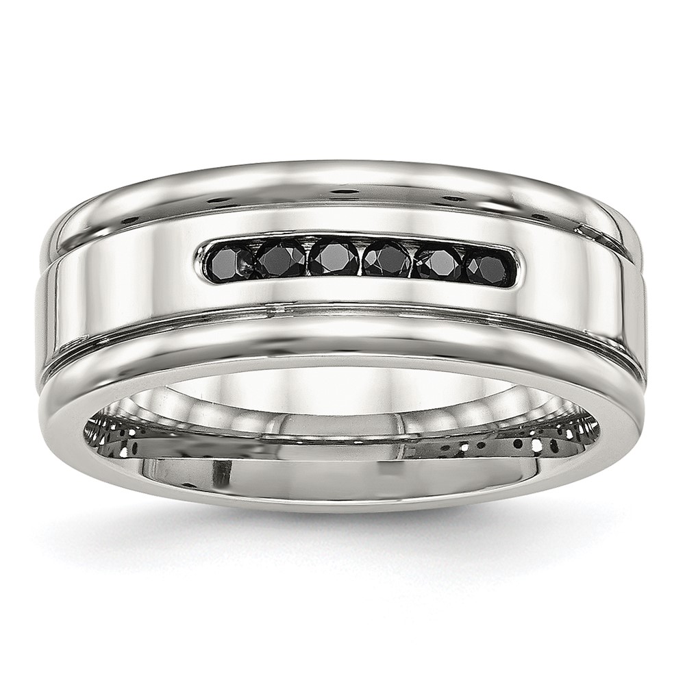 Stainless Steel Polished w/Black CZ 8mm Grooved Band