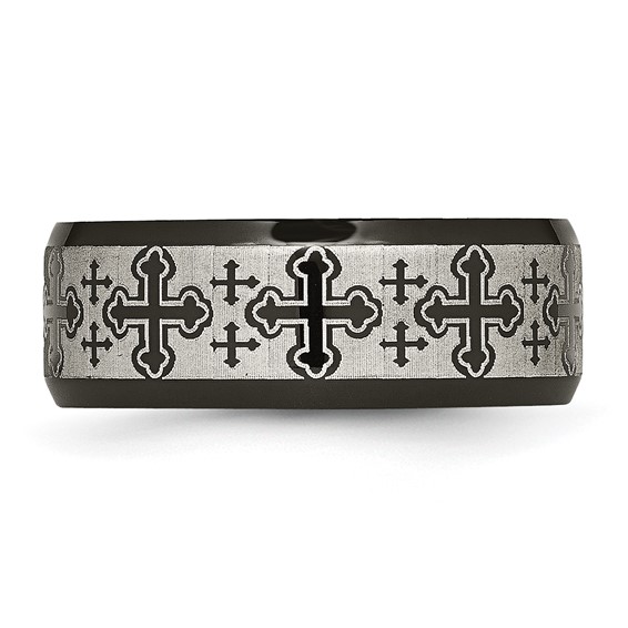 Stainless Steel Brushed/Polished Black IP Laser Etched Crosses 8mm Band