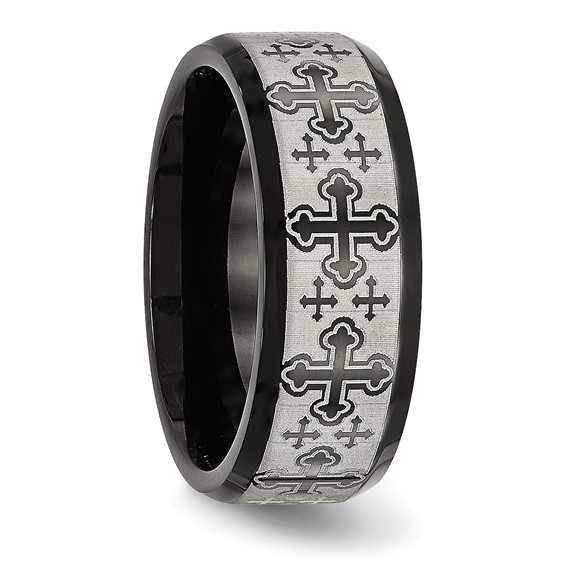 Stainless Steel Brushed/Polished Black IP Laser Etched Crosses 8mm Band