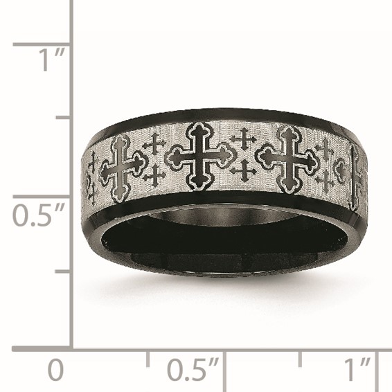Stainless Steel Brushed/Polished Black IP Laser Etched Crosses 8mm Band