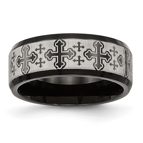 Stainless Steel Brushed Polished Black IP Laser Etched Crosses 8mm Band