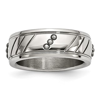 Stainless Steel Polished Beaded and Grooved 8mm Band