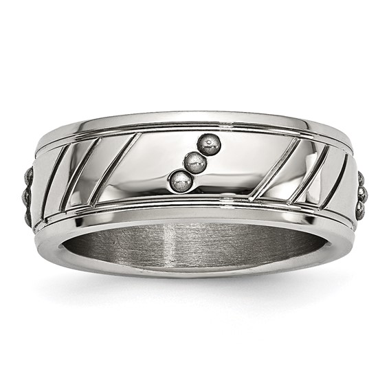 Stainless Steel Polished Beaded and Grooved 8mm Band