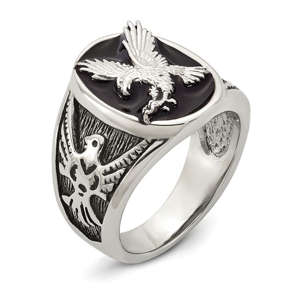 Chisel Stainless Steel Polished and Textured Enameled Eagle Ring