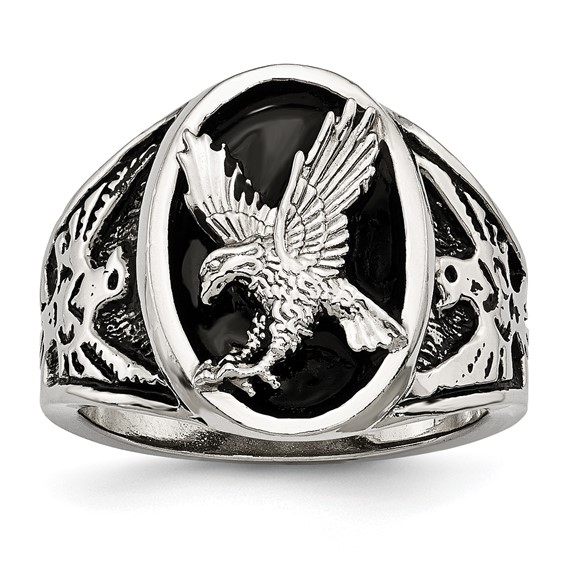 Chisel Stainless Steel Polished and Textured Enameled Eagle Ring