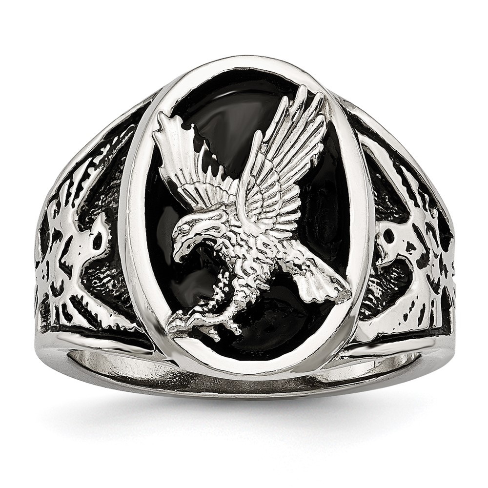 Stainless Steel Polished and Textured Enameled Eagle Ring
