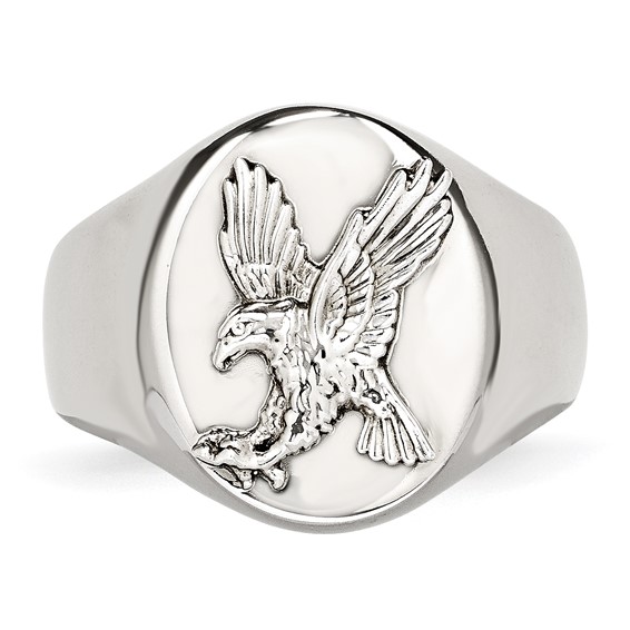 Chisel Stainless Steel Polished with Sterling Silver Rhodium-plated Eagle Ring