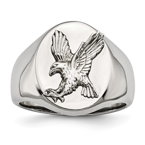 Chisel Stainless Steel Polished Ring with Sterling Silver Rhodium-plated Eagle