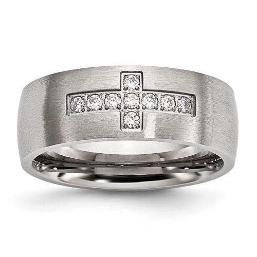 Chisel Stainless Steel Brushed Band with CZ Cross 7.75mm