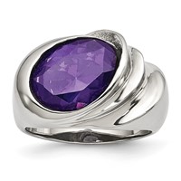 Stainless Steel Polished Ring with Purple CZ view 1