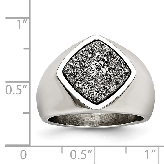 Stainless Steel Polished with Silver Druzy Ring
