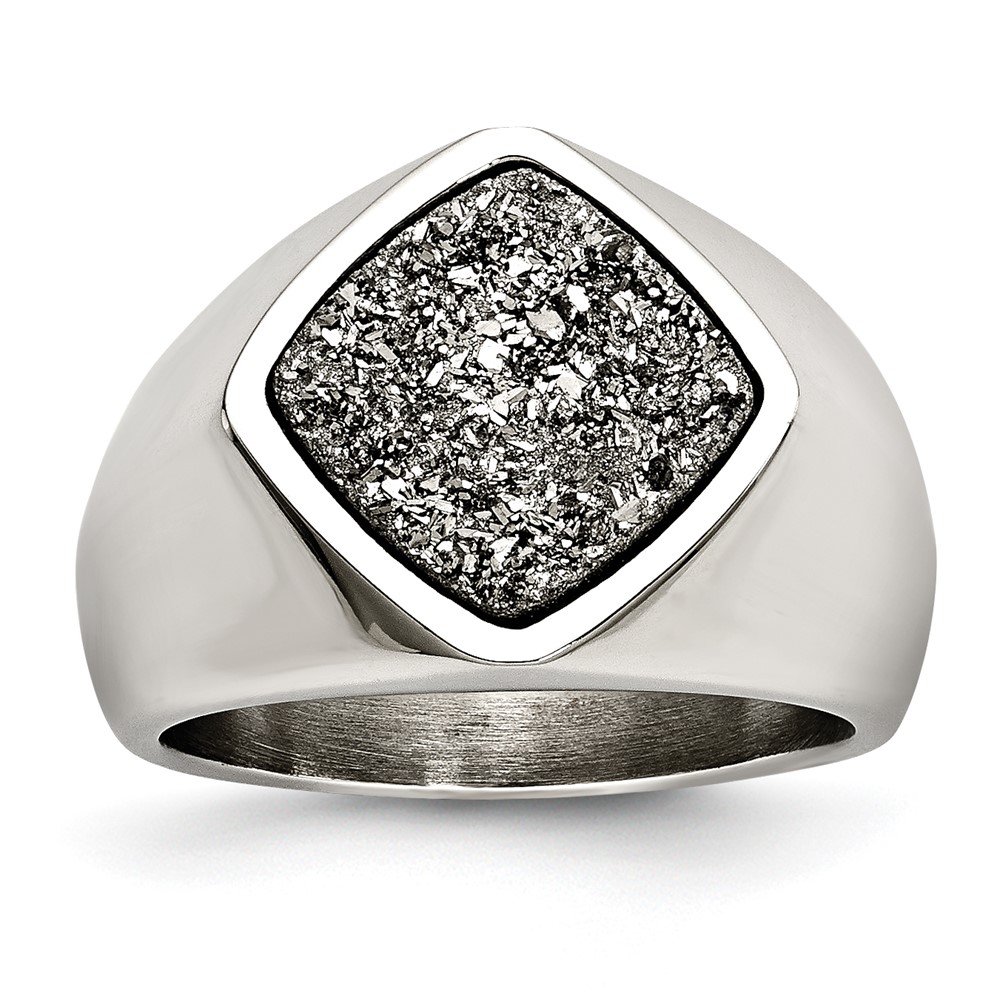 Stainless Steel Polished with Silver Druzy Ring