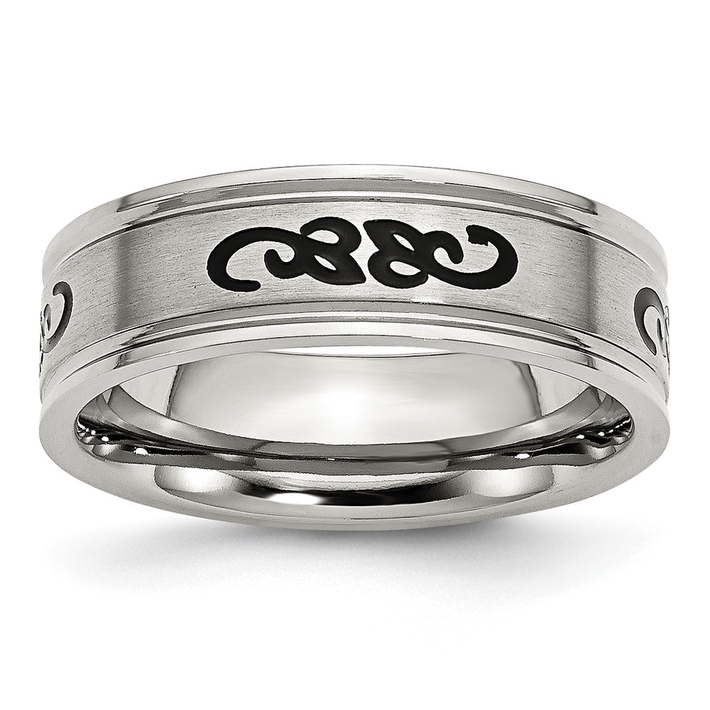 Stainless Steel Brushed Band with Black Rubber Design 7mm Ridged Edge